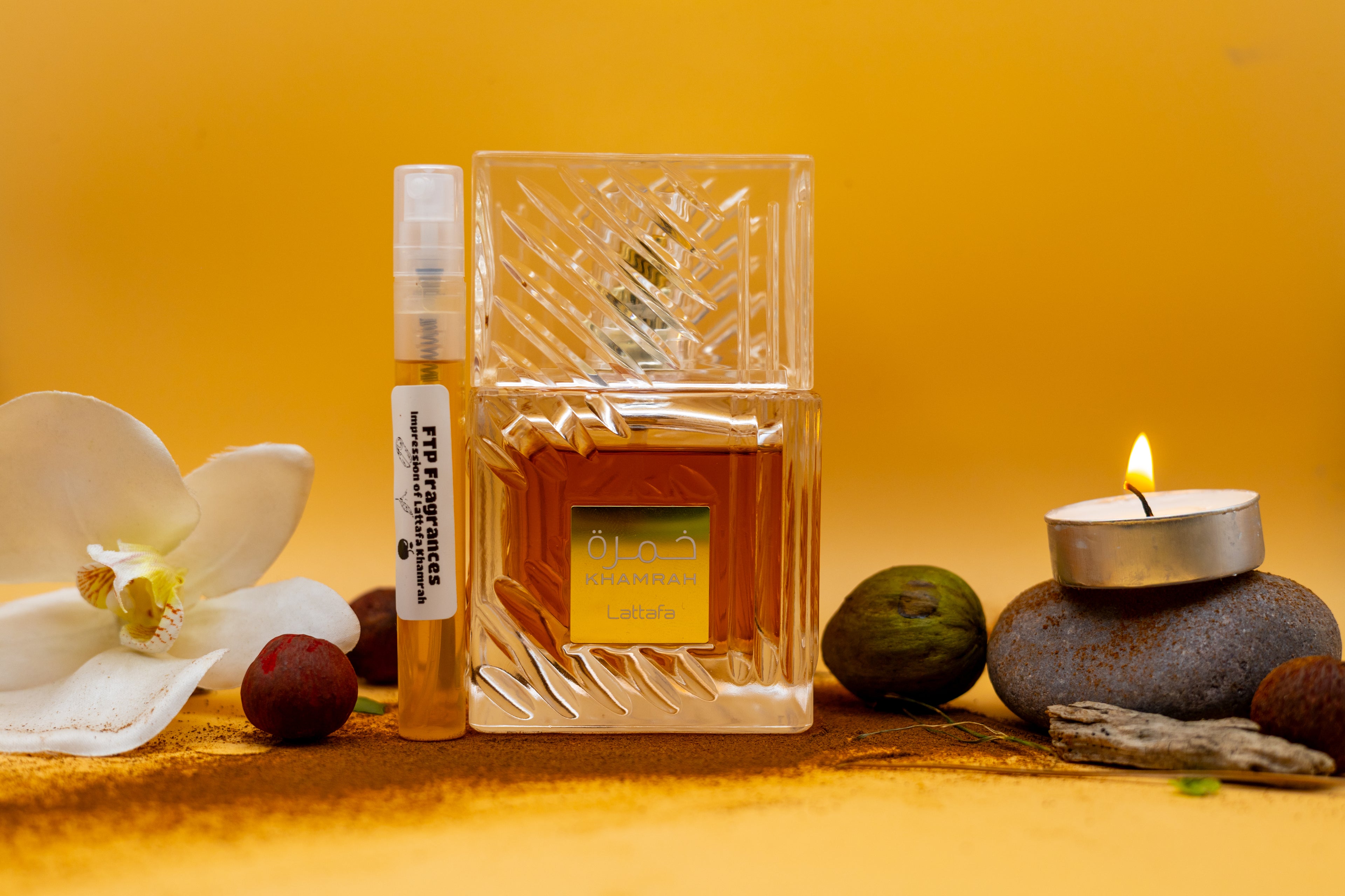 FTP Amber Reserve 5ml fragrance decant sample hand-decanted from Lattafa Khamrah sweet oud vanilla amber oriental fragrance